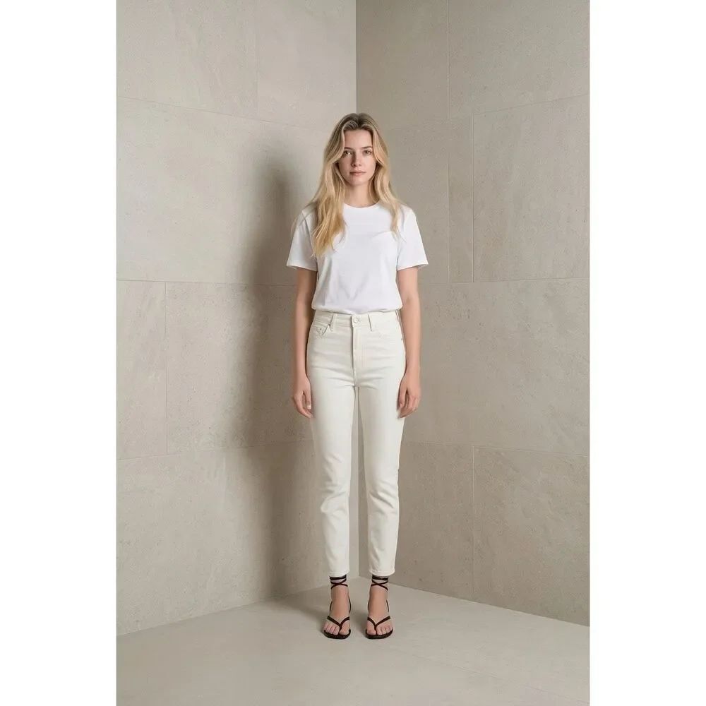 Zara Slim Fit High Waist Jeans Ecru Raw Hem Cropped Size 26 US 2